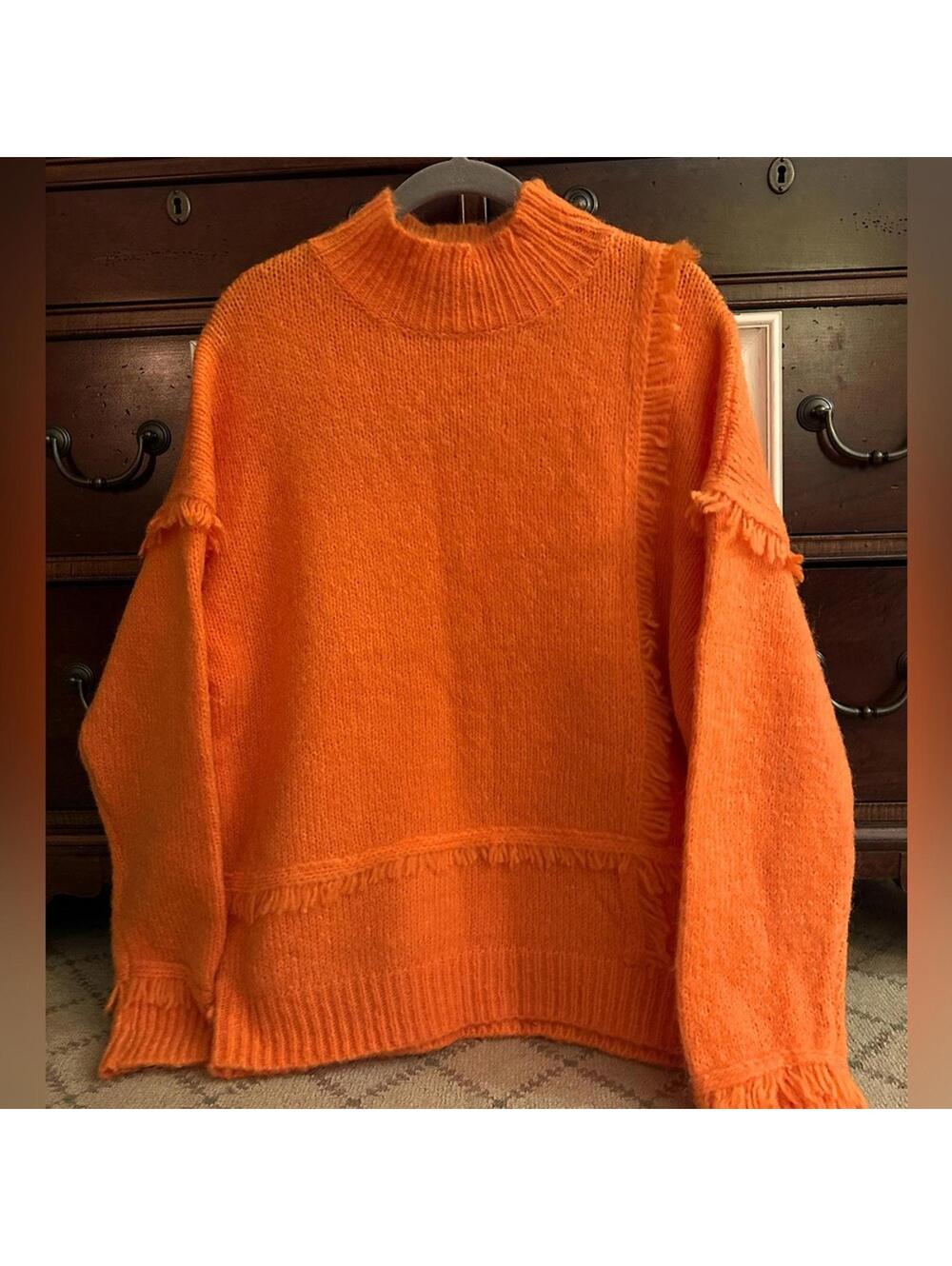 Strut and Bolt orange knit mock neck sweater with fringe detail NWOT L